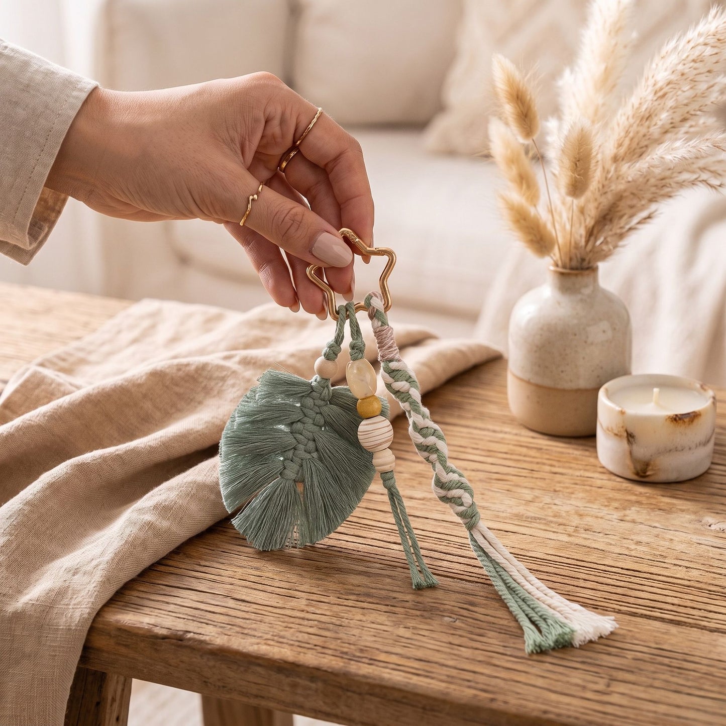 Green Macrame Leaf Bag Charm with Beads Braided Tassel and Star Clip