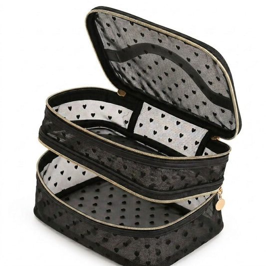 Two-Tier Cosmetic Organizer Bag with Heart Print Mesh Panels Gold Zippers and Carry Handle