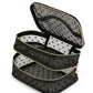 Two-Tier Cosmetic Organizer Bag with Heart Print Mesh Panels Gold Zippers and Carry Handle