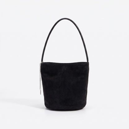 Faux Suede Bucket Shoulder Bag with Chain Accent