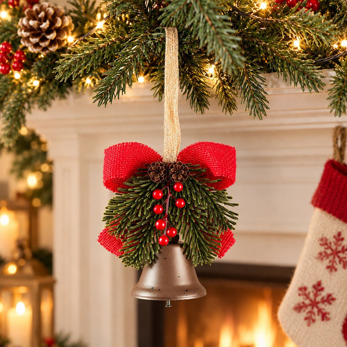Christmas Bell Ornament with Bow Pinecones Berries and Greenery