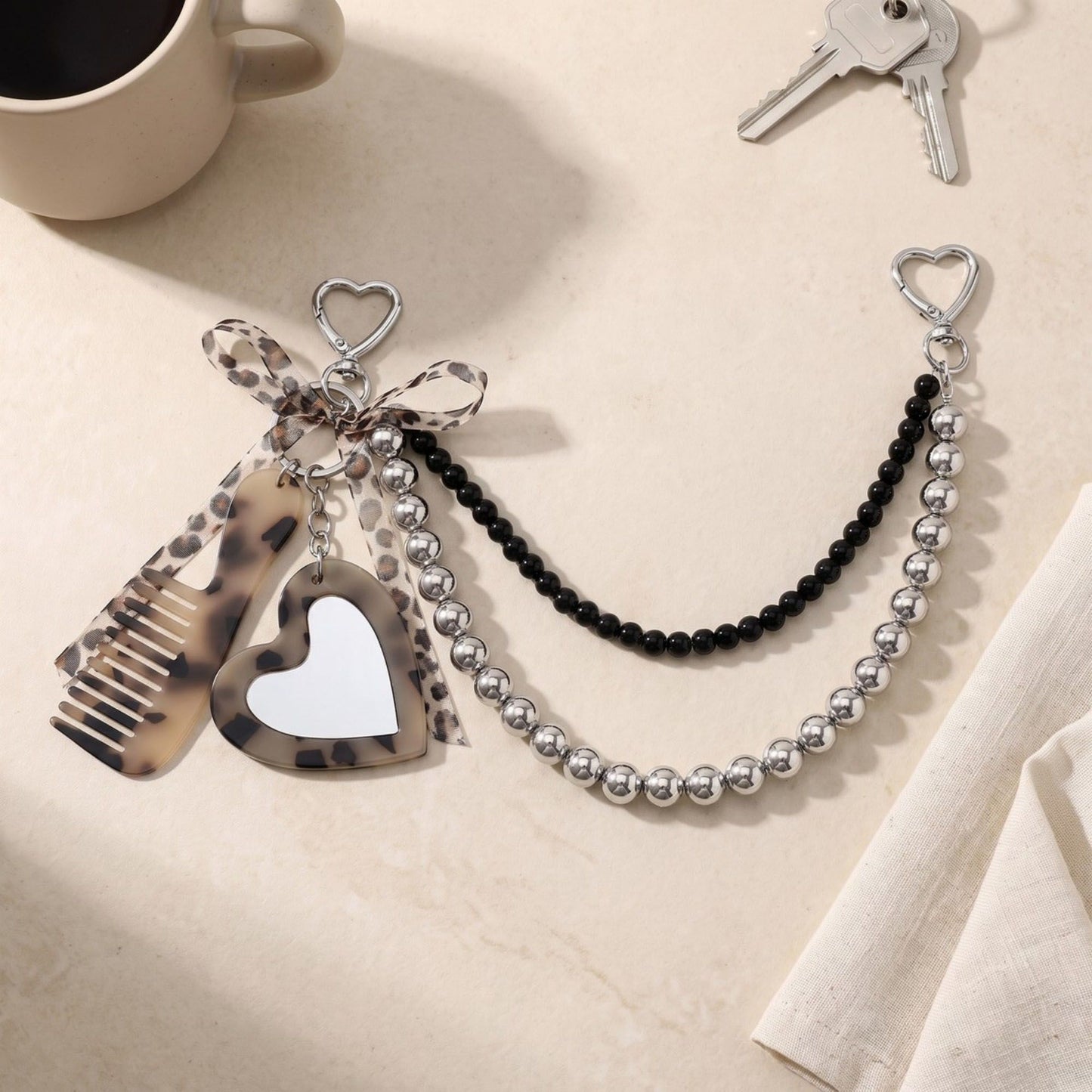 Layered Beaded Bag Charm with Heart Mirror and Comb