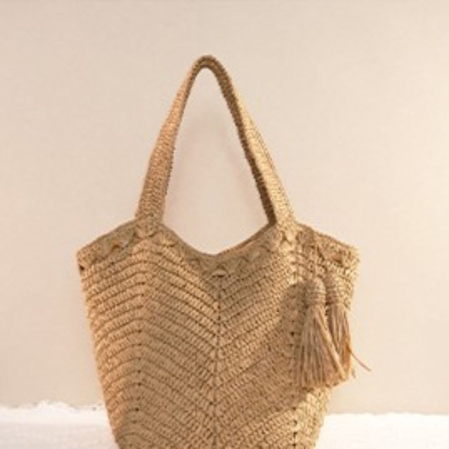 Tassel Straw Tote Bag with Zipper Closure for Beach and Travel