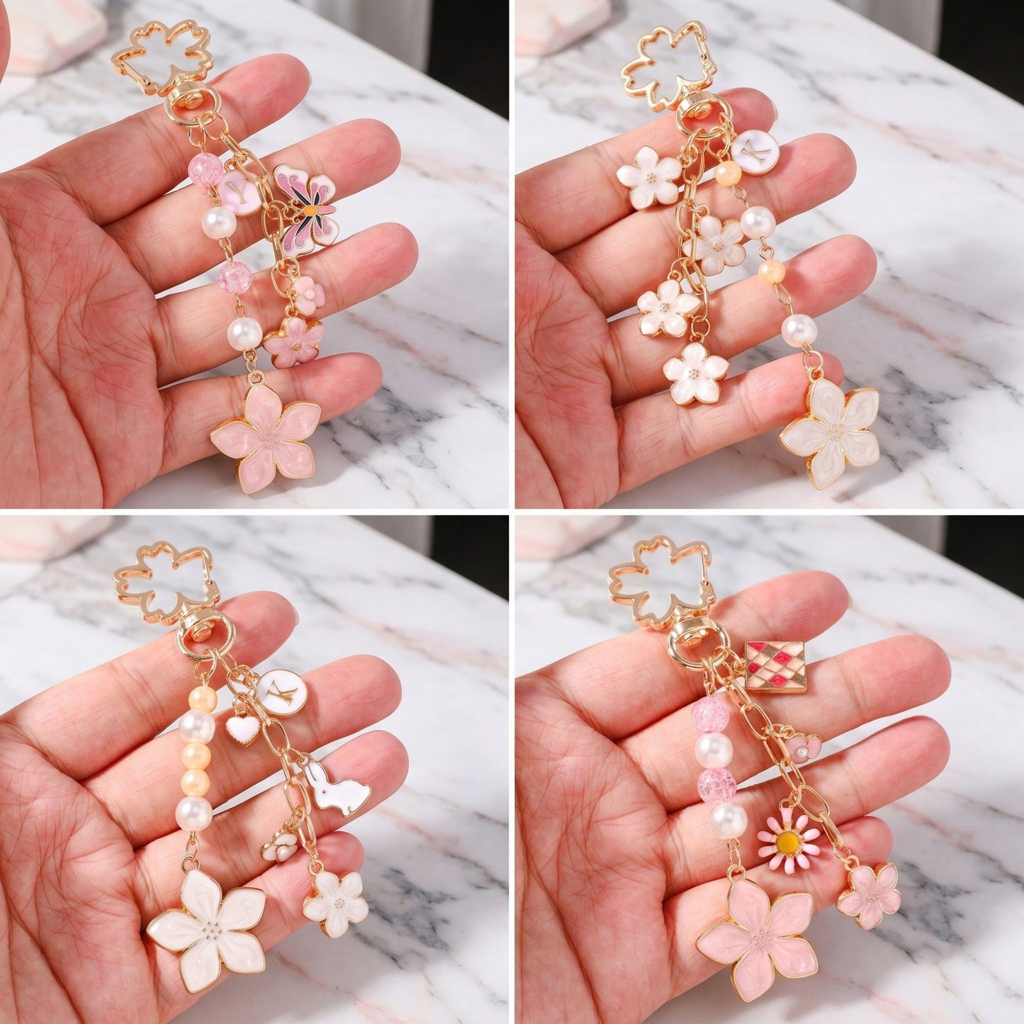 Enamel Cherry Blossom & Floral Multi-Charm Bag Charm Key Chain 4-Piece Set
