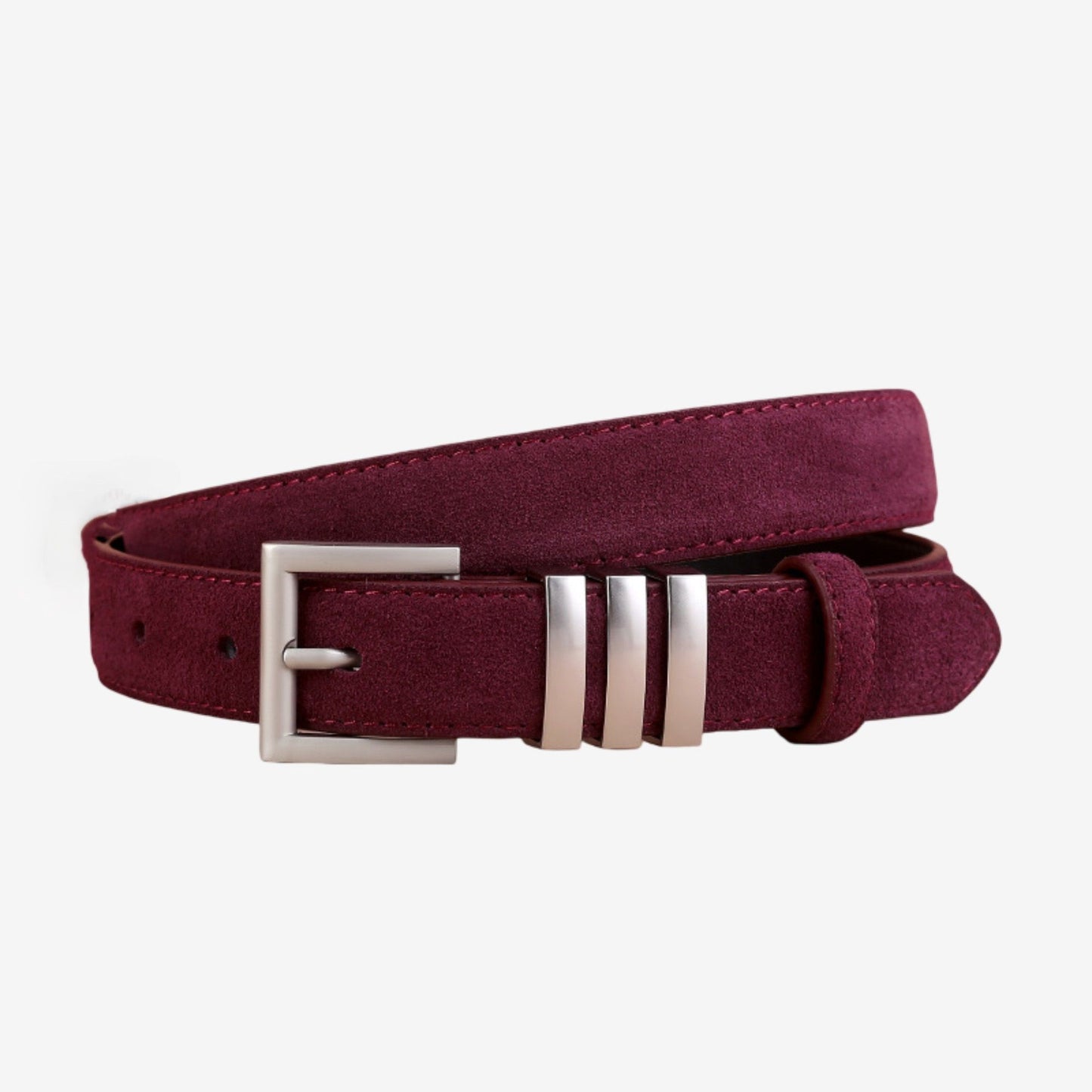 Suede Leather Belt with Silver Tone Bar Accents and Square Buckle 39.4in