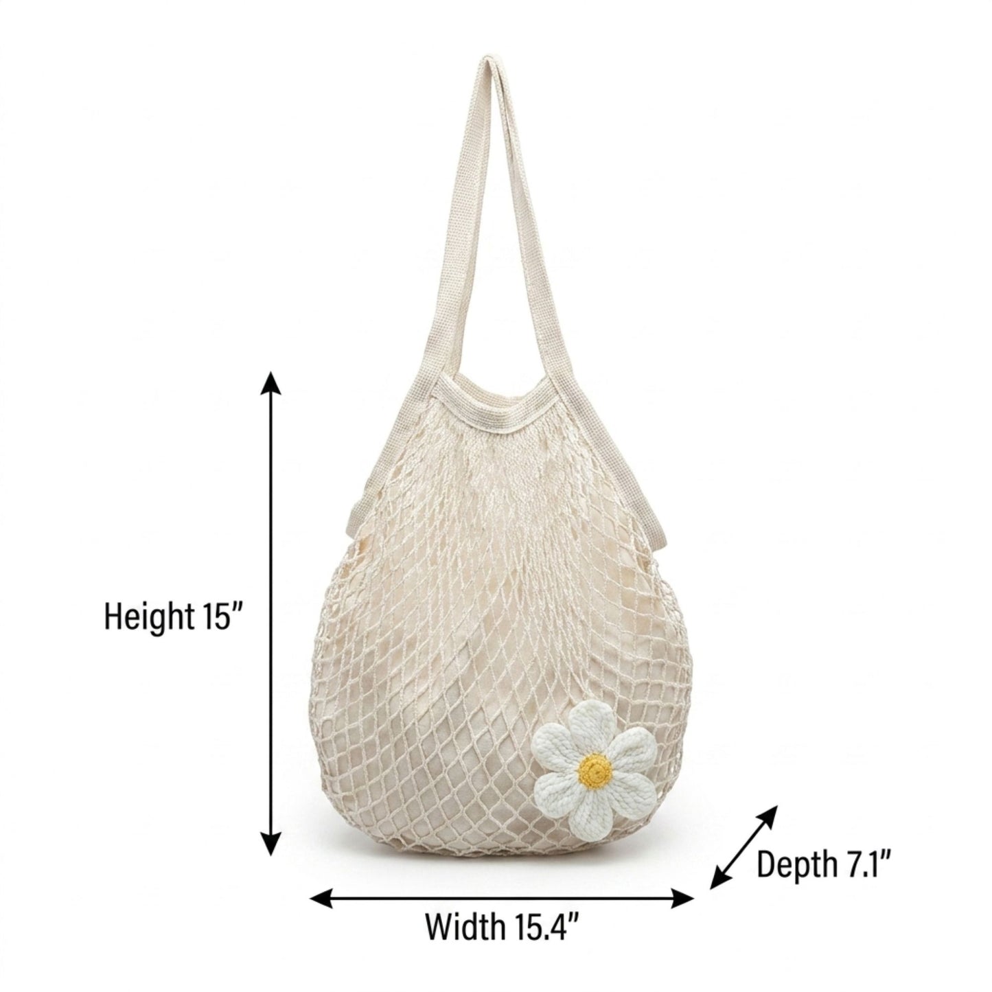 Crochet Style Net Tote Bag with Daisy Accent and Shoulder Straps