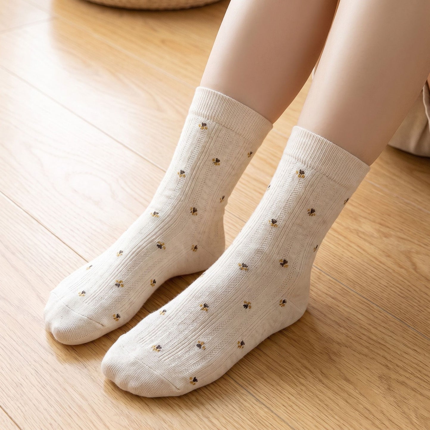 5-Pair Vintage Floral Crew Socks Set, Ribbed Knit Earth Tone Casual Hosiery