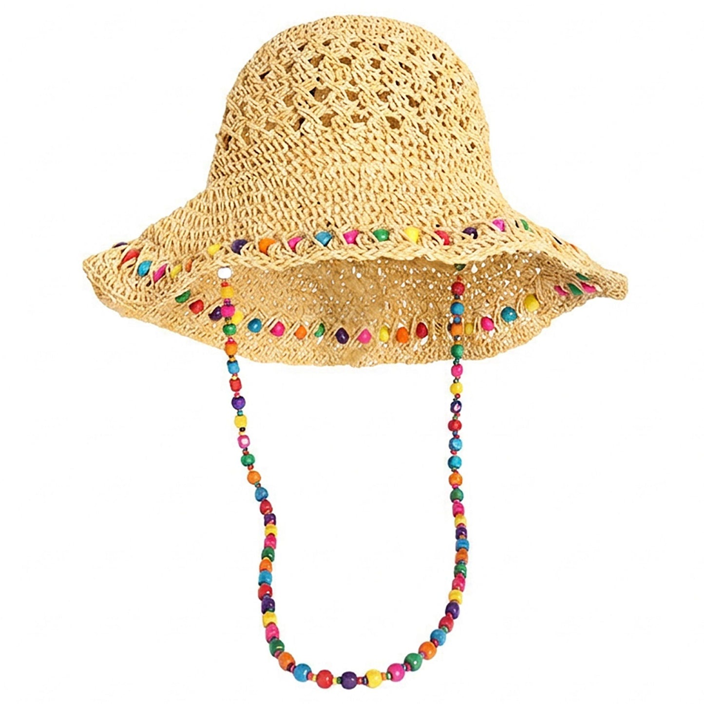 Crochet Bucket Sun Hat with Beaded Chin Strap and Open Weave Brim