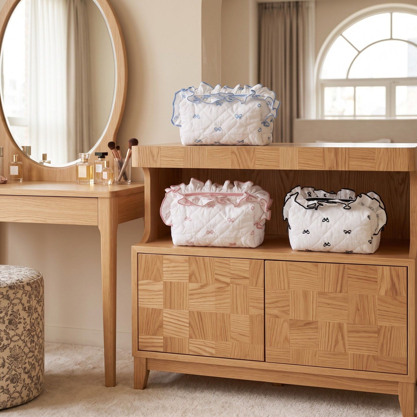 Womens Quilted Bow Print Cosmetic Bag with Ruffle Trim