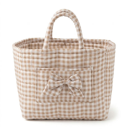 Gingham Quilted Storage Basket with Handles and Bow
