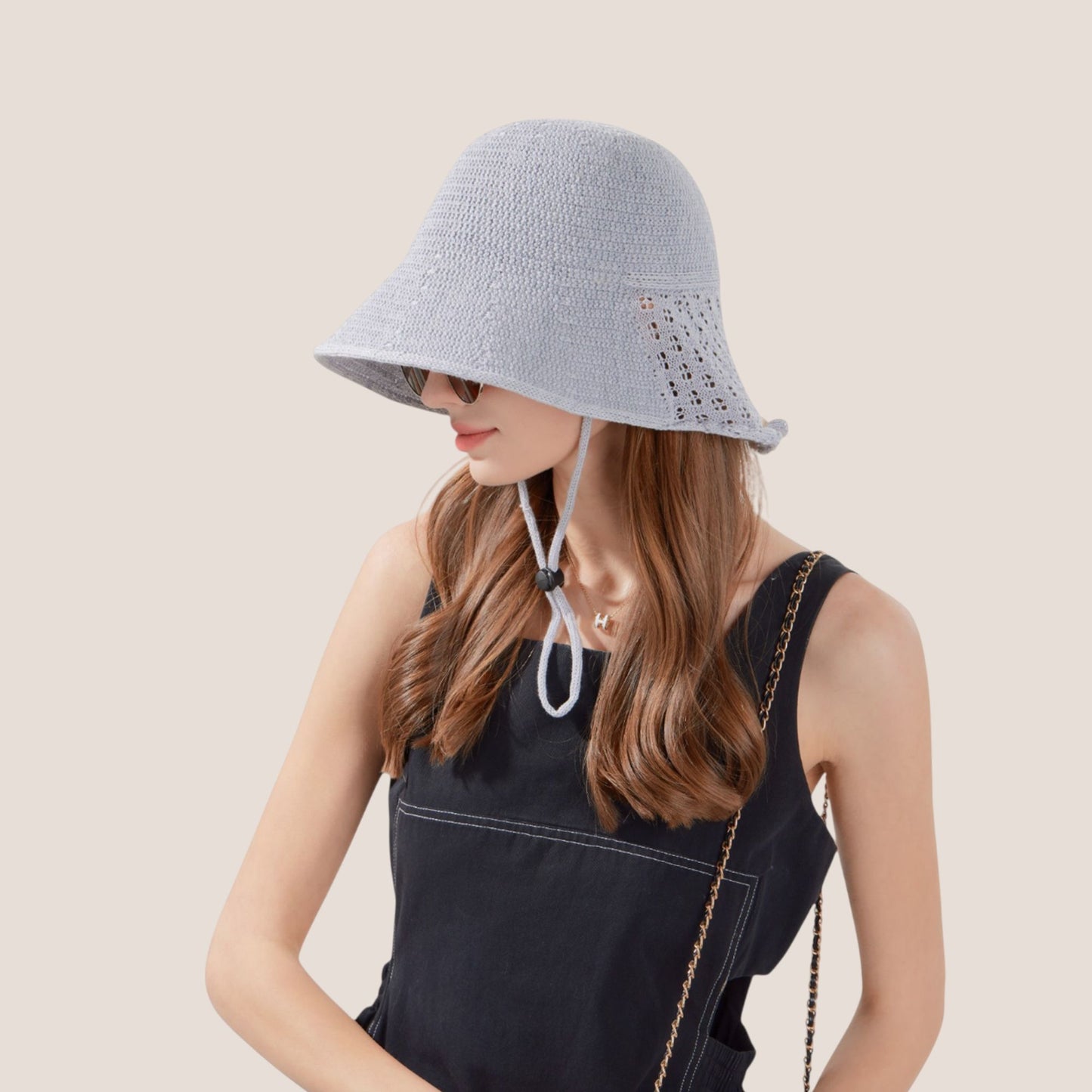 Crochet Bucket Hat with Adjustable Chin Strap and Back Button Eyelet Panel for Sun Protection