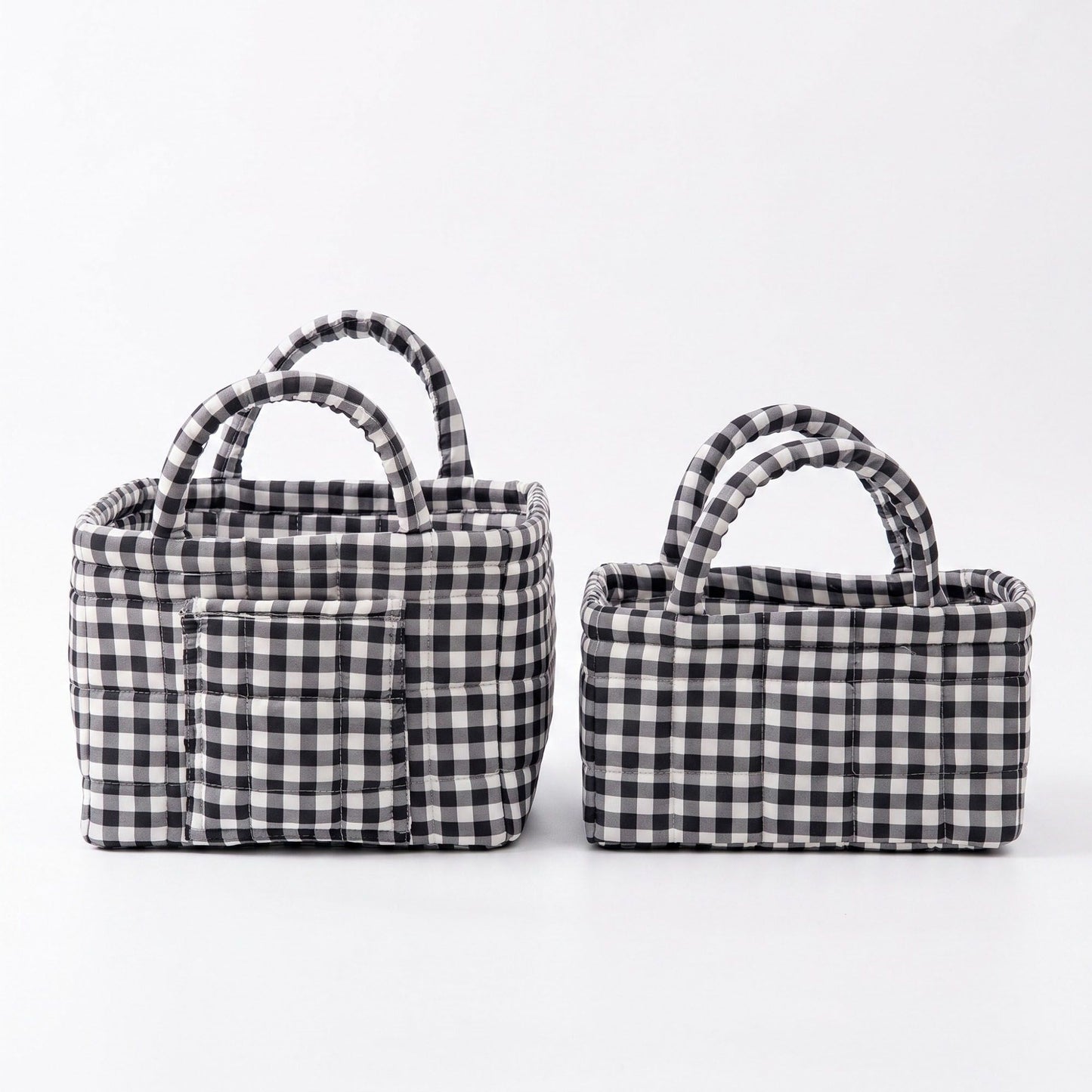 2 Piece Quilted Gingham Storage Tote Set with Handles and Front Pocket