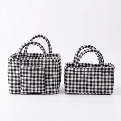2 Piece Quilted Gingham Storage Tote Set with Handles and Front Pocket