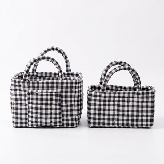 2 Piece Quilted Gingham Storage Tote Set with Handles and Front Pocket