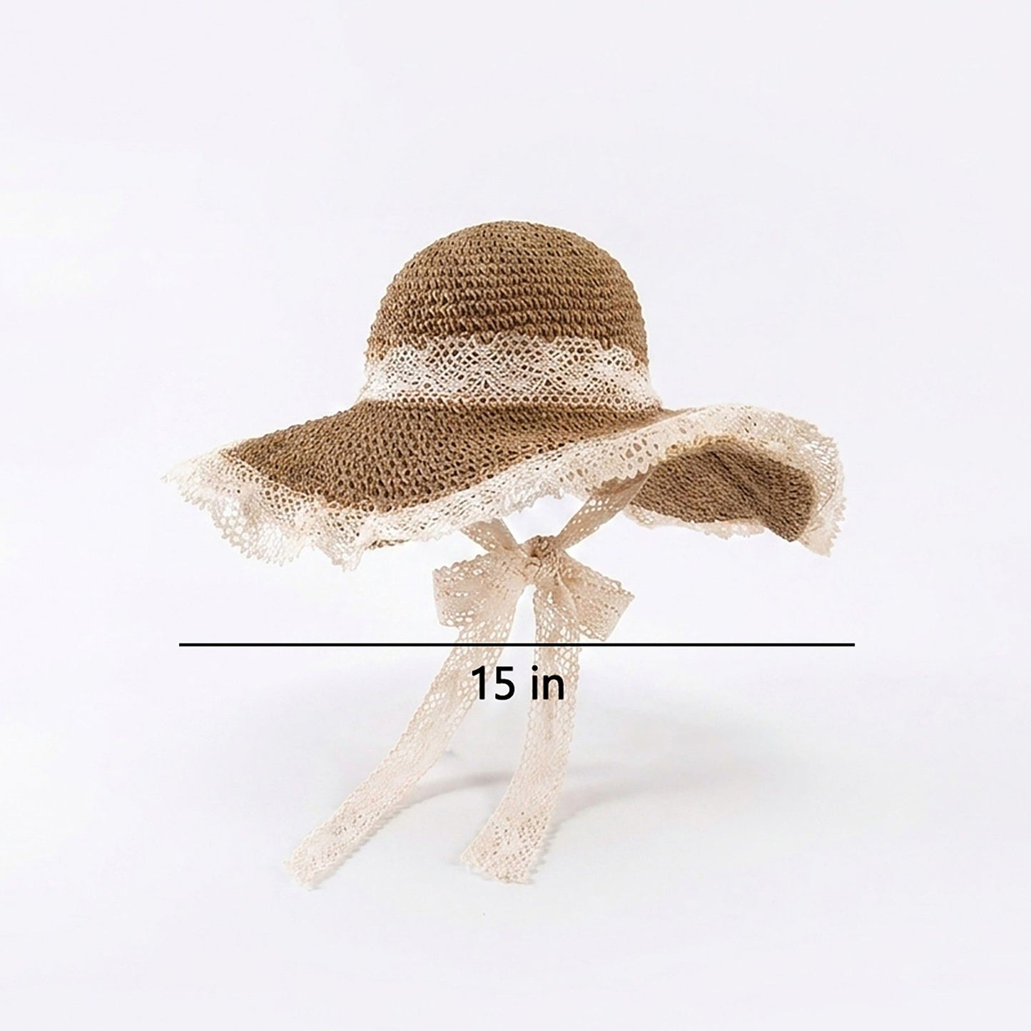 Crochet Wide Brim Sun Hat with Lace Trim Bow Accent and Wavy Brim
