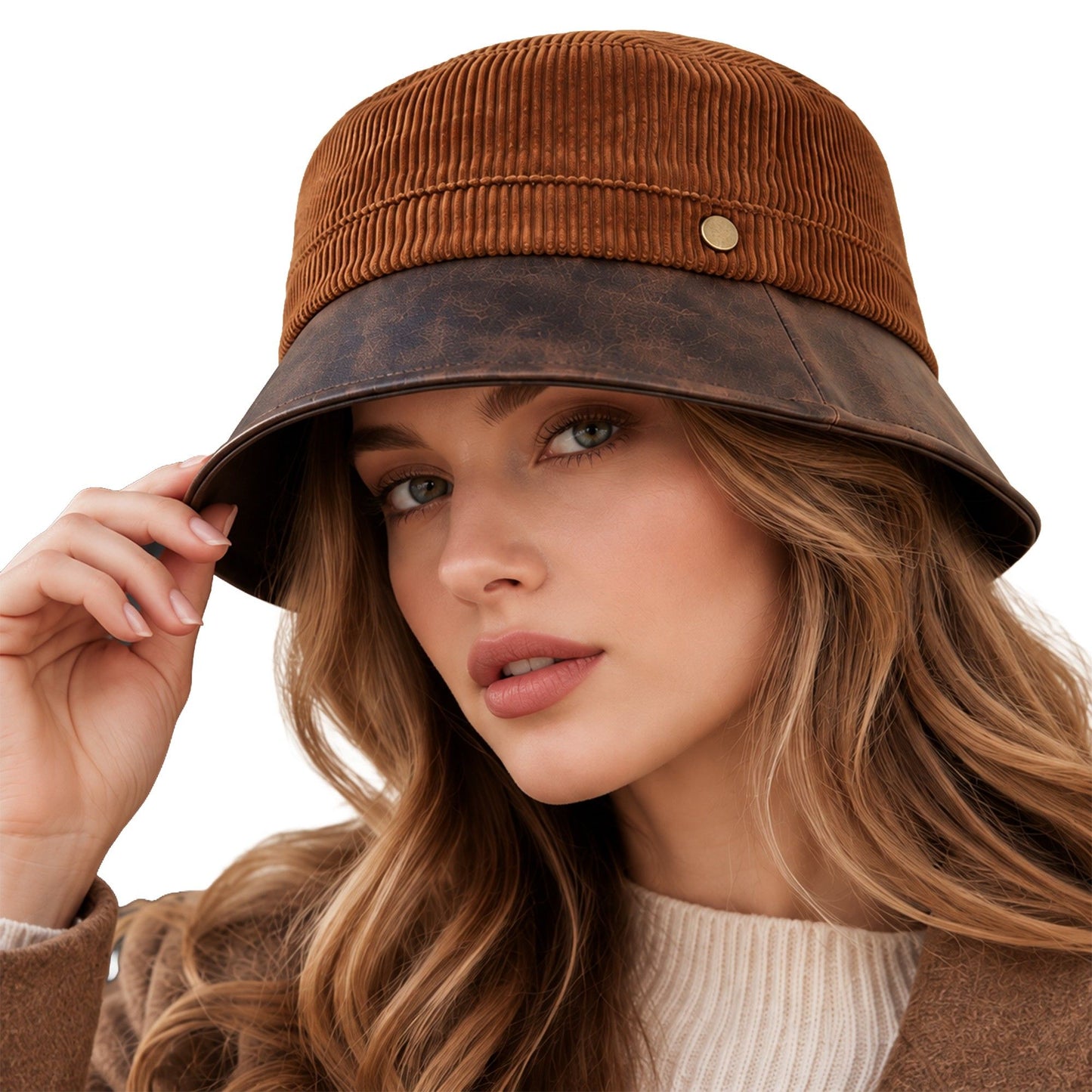 Corduroy Bucket Hat with Leather Look Brim Adjustable Fit