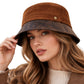 Corduroy Bucket Hat with Leather Look Brim Adjustable Fit
