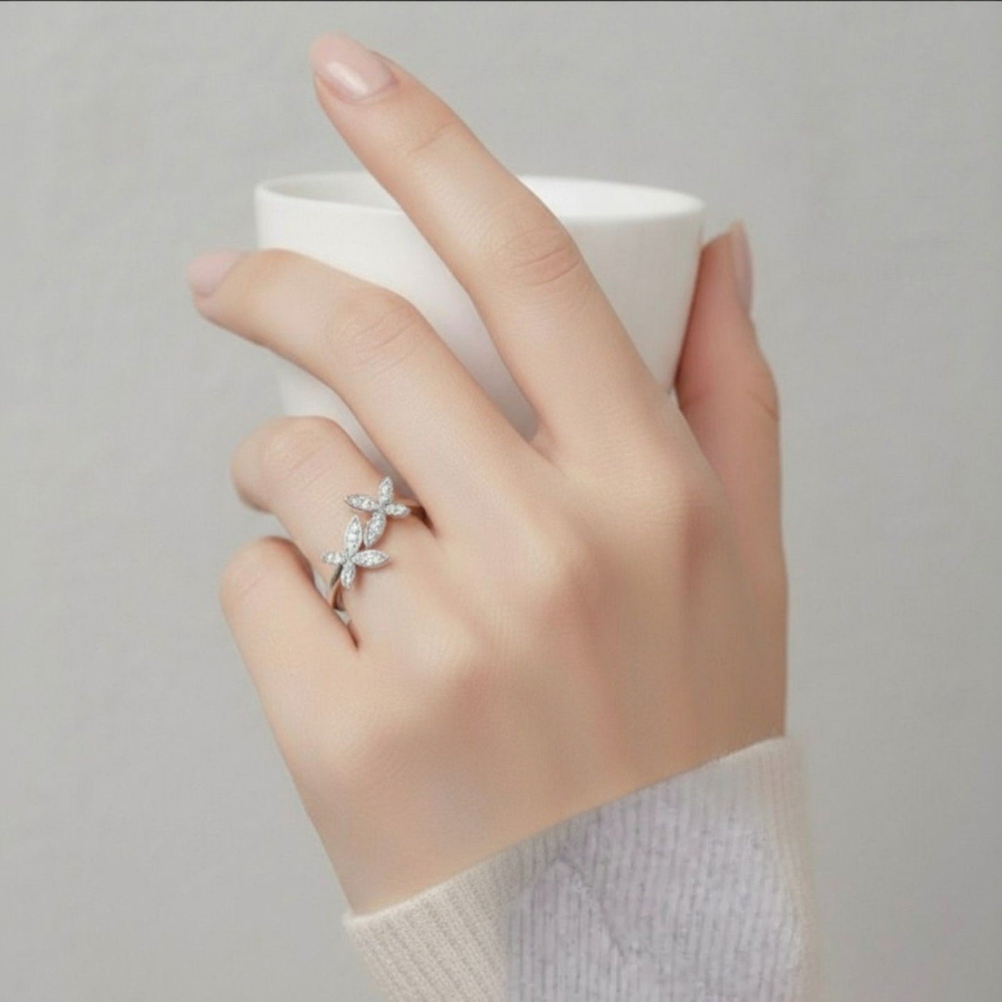 Women's Double Flower Leaf Design Ring with Crystal Detailing