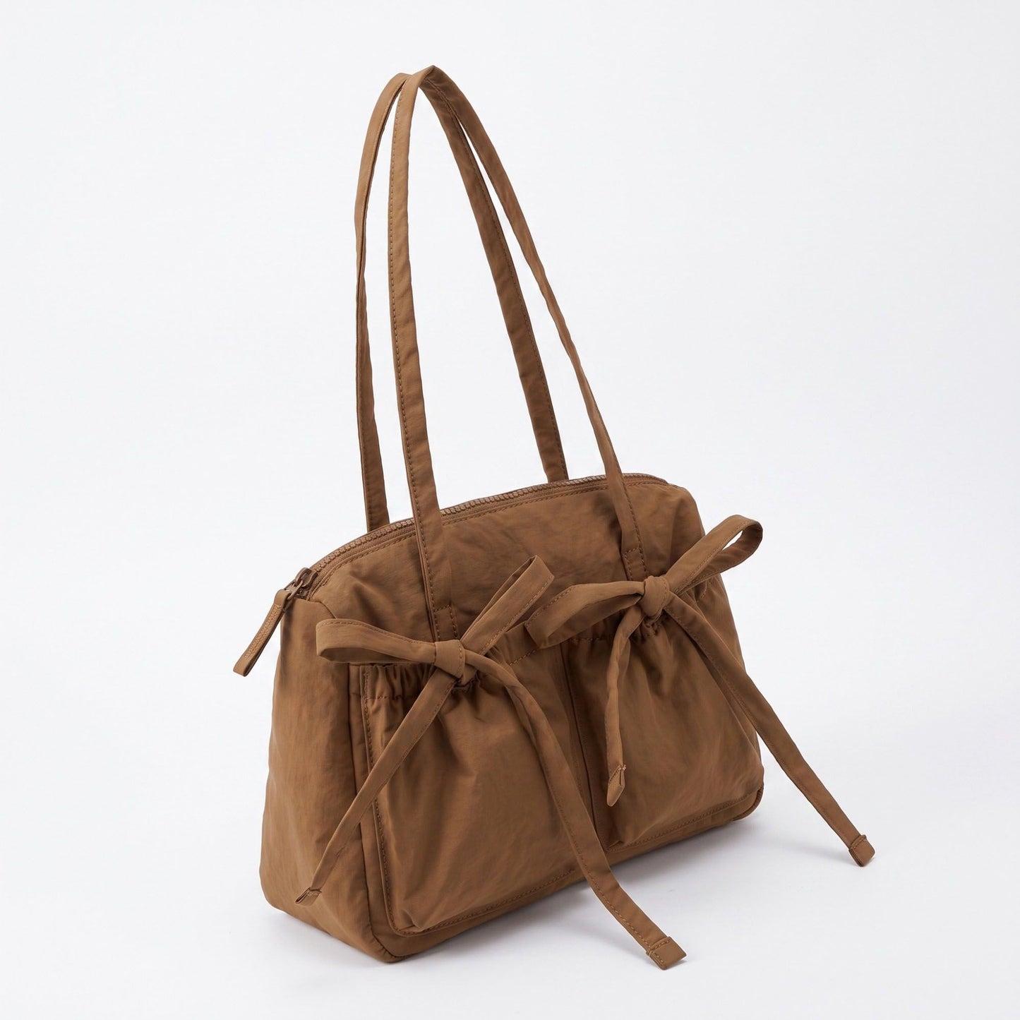 Multi-Pocket Shoulder Tote Bag with Bow-Tie Drawstrings and Top Zipper 11.5x9x5in