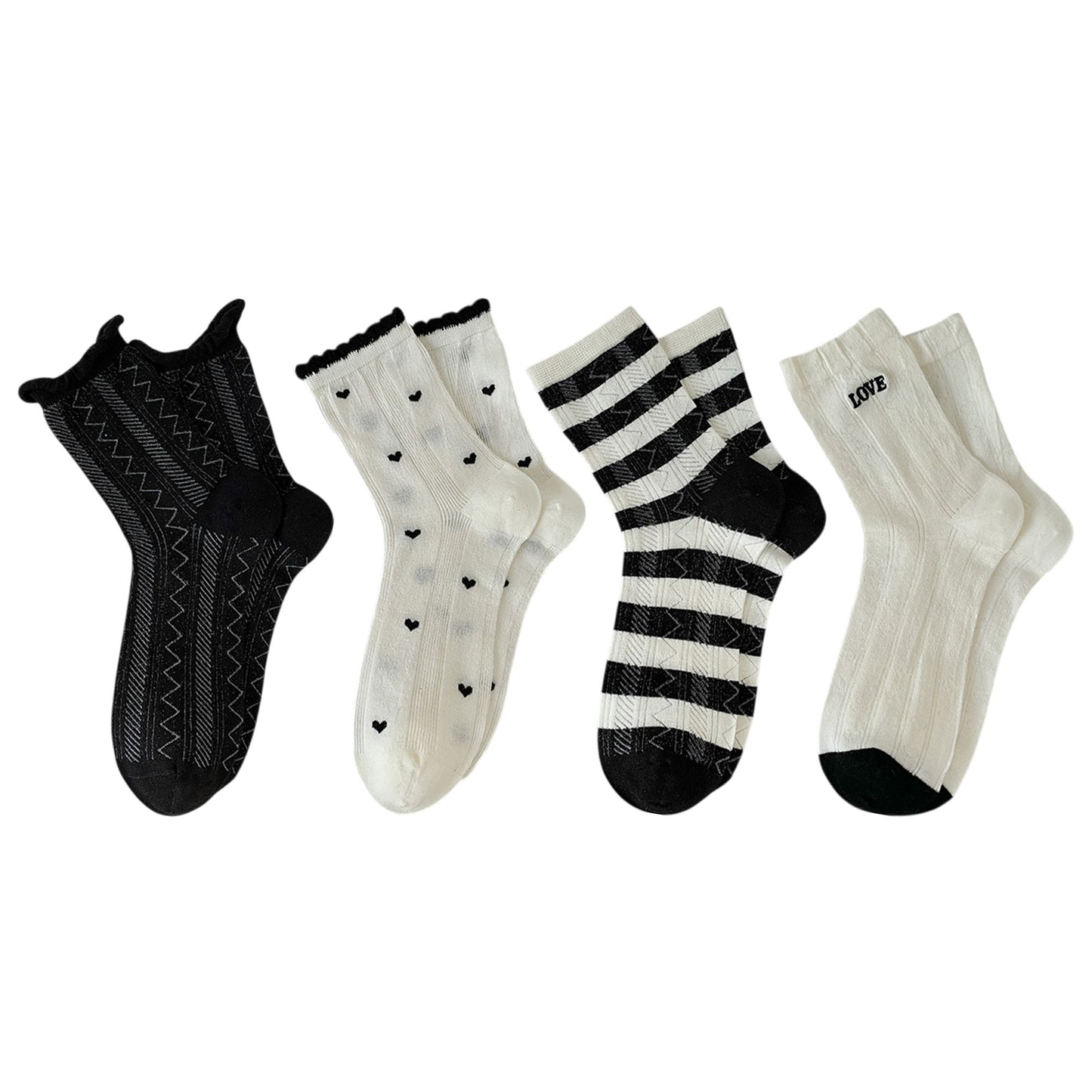 4 Pairs Crew Socks with Black and White Patterns Soft Cotton Texture Heart and Stripe for Flats and Dress Shoes