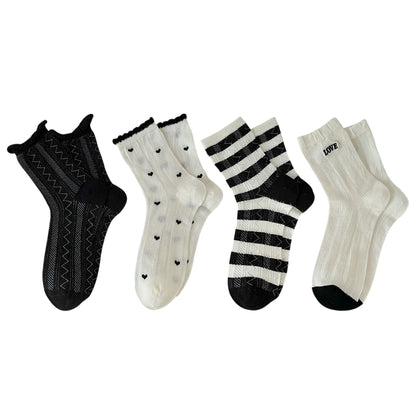 4 Pairs Crew Socks with Black and White Patterns Soft Cotton Texture Heart and Stripe for Flats and Dress Shoes