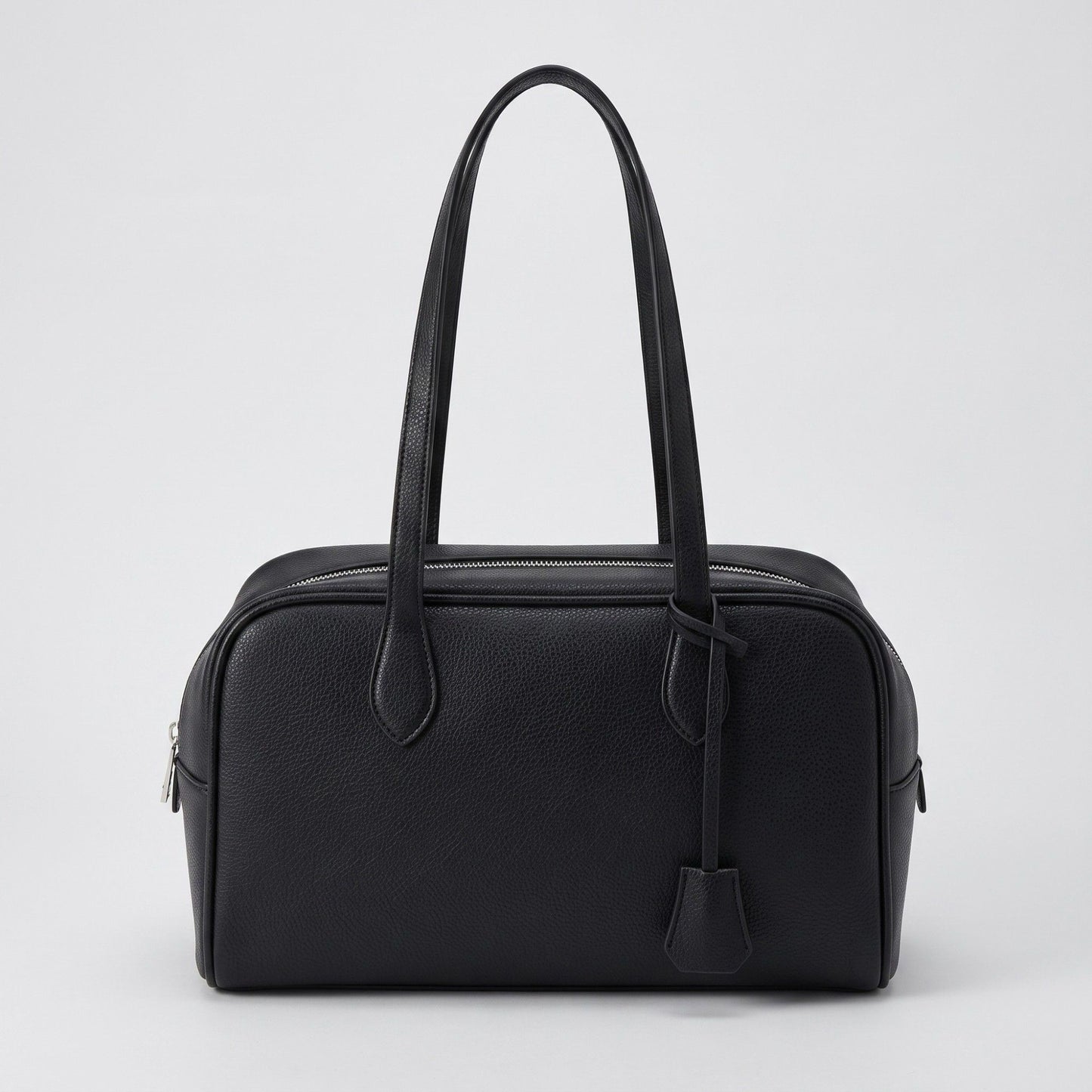 Smooth Grain Rectangular Boston Shoulder Bag with Fixed Long Top Handles & Full Zip Closure 11.8x7.1x4.7in