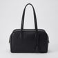 Smooth Grain Rectangular Boston Shoulder Bag with Fixed Long Top Handles & Full Zip Closure 11.8x7.1x4.7in