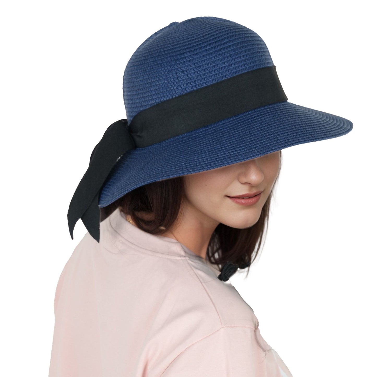 Wide Brim Straw Sun Hat with Black Ribbon Bow Adjustable Chin Strap Inner Sweatband for Outdoor and Travel Use