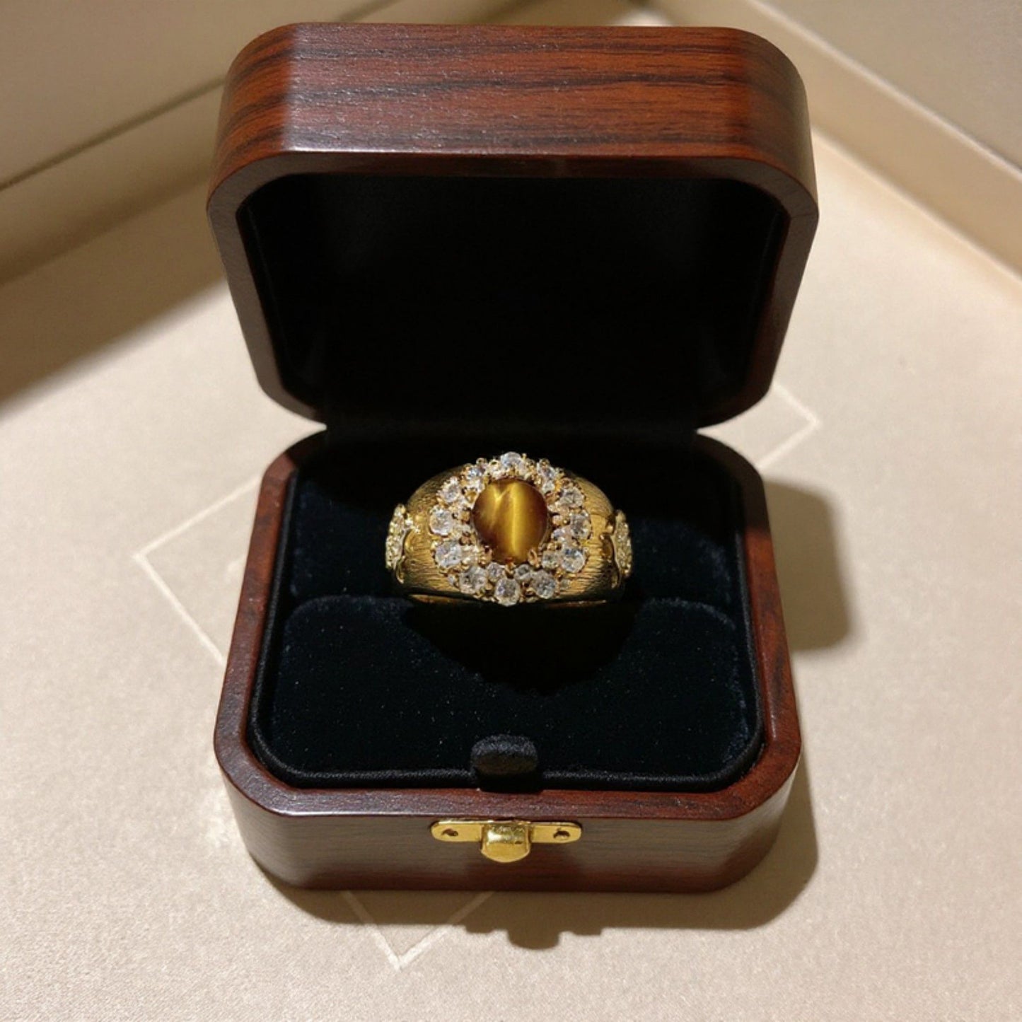 Oval Gemstone Statement Ring with Crystal Halo and Textured Band
