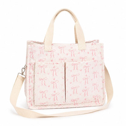 Canvas Tote Bag with Bow Print Large Capacity Lightweight Adjustable Shoulder Bag