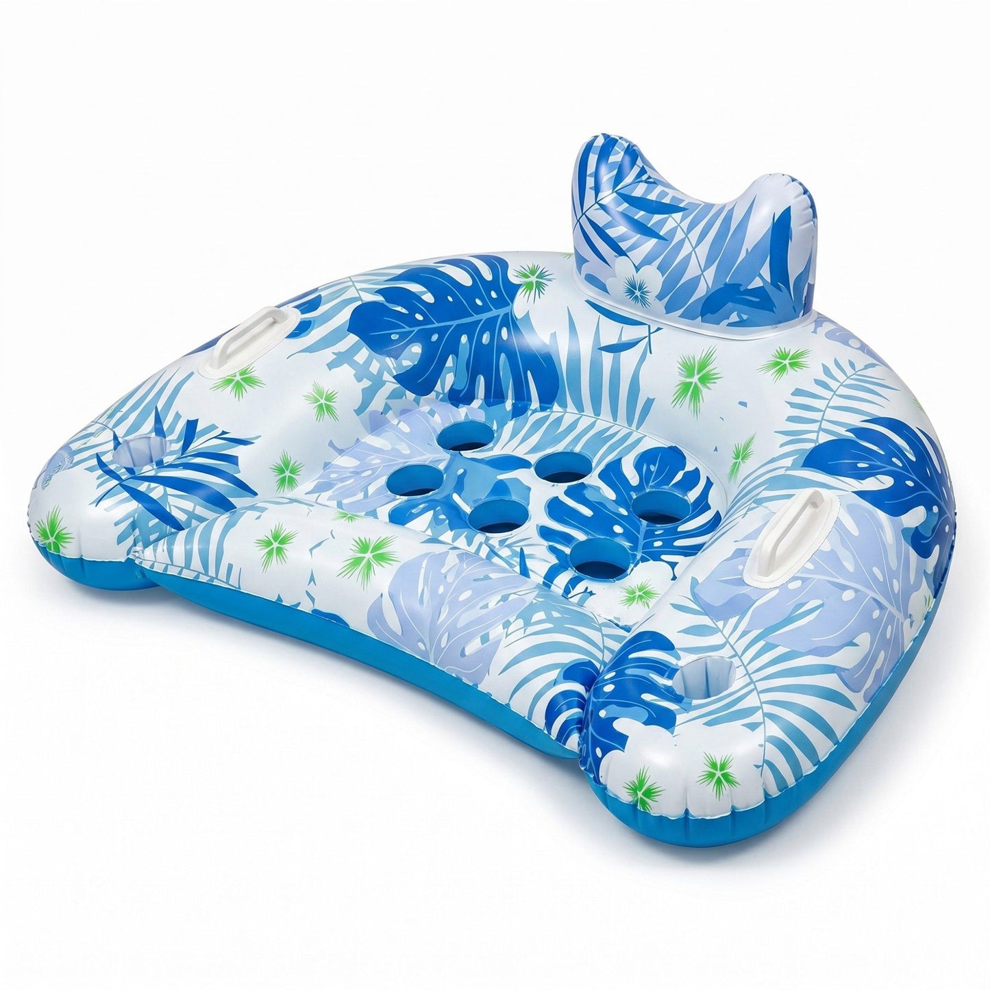 Inflatable Pool Lounger with Tropical Leaf Print and Cup Holders