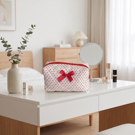 Womens Quilted Heart Print Makeup Bag with Bow Cosmetic Pouch