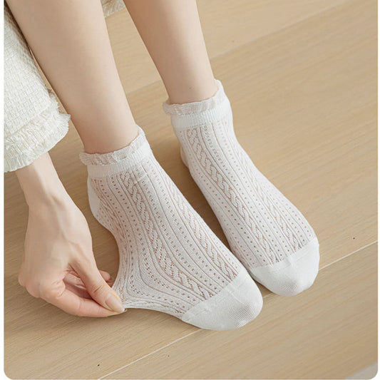 5 Pairs Ruffle Cuff Lace Knit Ankle Socks Breathable Soft Stretch Fabric with Multiple Color Options