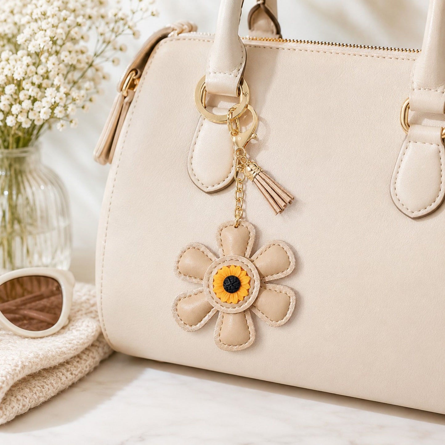 Faux Leather Sunflower Bag Charm Keychain Beige Floral Purse Accessory with Tassel