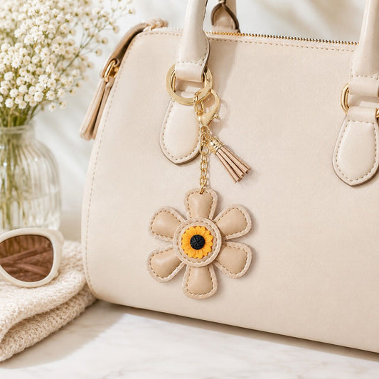 Faux Leather Sunflower Bag Charm Keychain Beige Floral Purse Accessory with Tassel