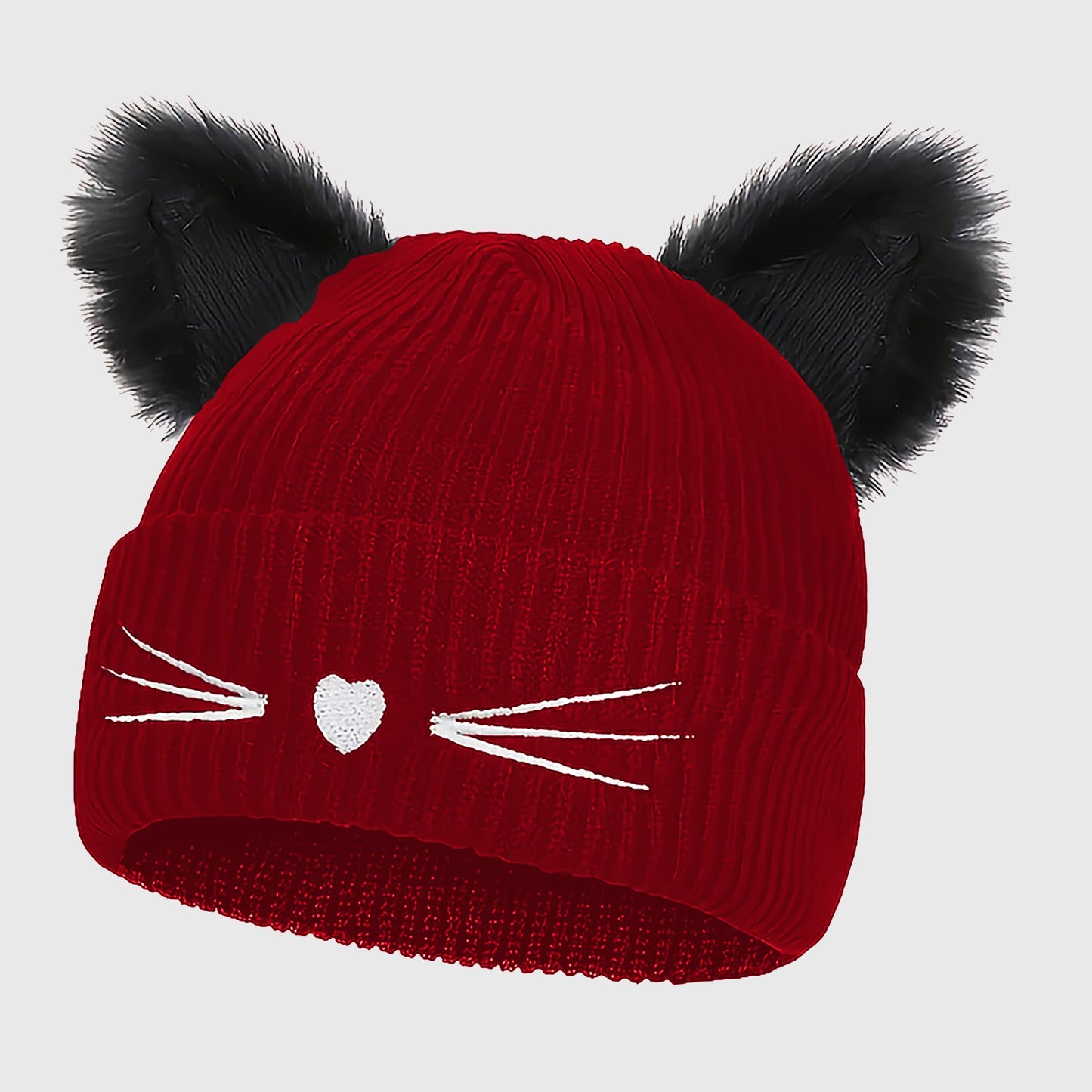 Cat Ear Knit Beanie - Faux Fur Ears with Valentine Heart Whisker Embroidery for Cute Casual Winter Wear