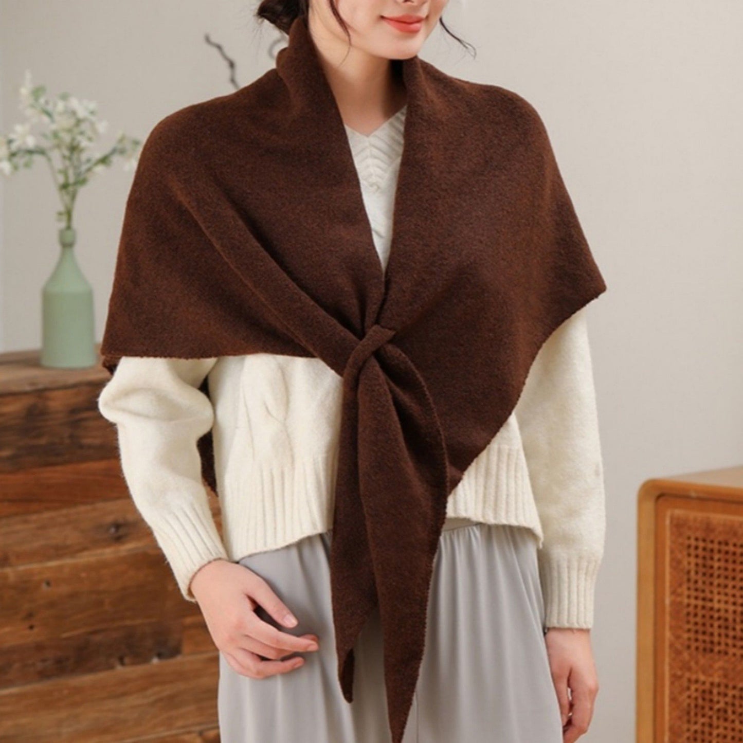 Soft Solid Knit Scarf with Draped Shape, Smooth Textured Finish, and Versatile Wrap Styling Design 68.5x45.5x28.5in