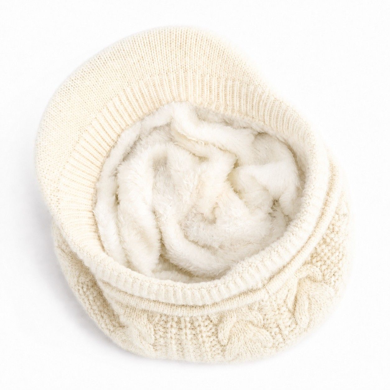 Cable Knit Brim Beanie Faux Fur Lined Warm Winter Hat