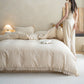 4-Piece Cotton Linen Jacquard Bedding Set with Duvet Cover Flat Sheet and Pillowcases Lace Trim Detail