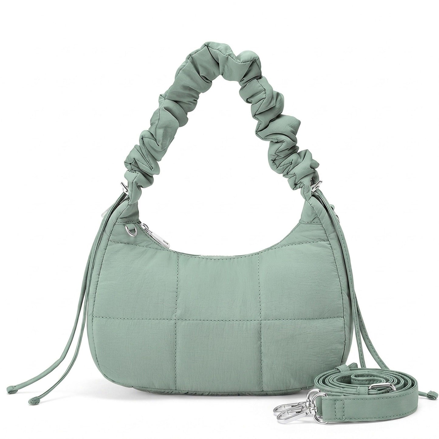 Quilted Crescent Shoulder Bag with Ruched Handle and Detachable Crossbody Strap 10.5x4x6in