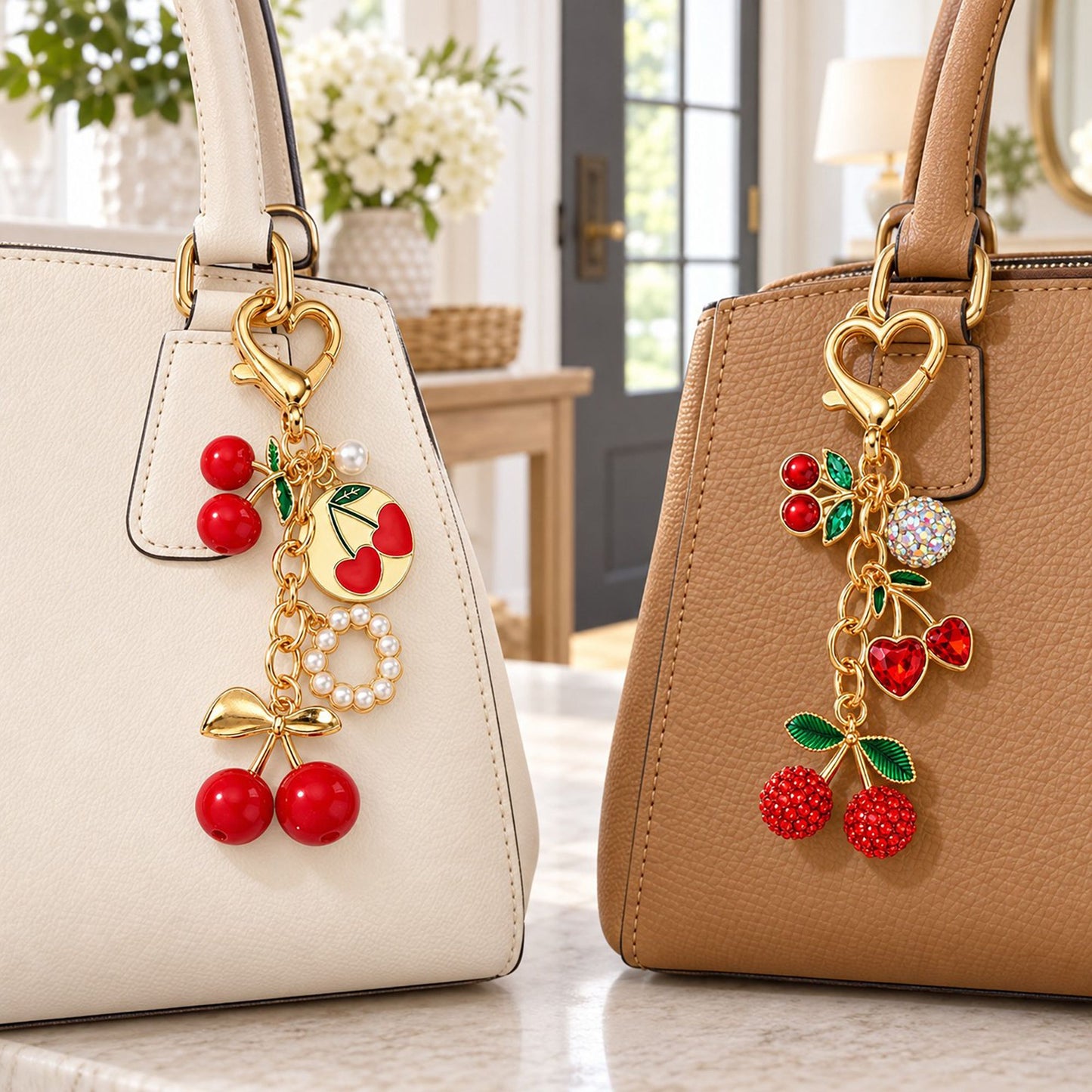 Crystal Cherry Bag Charm Gold-Tone Fruit Keychain Set