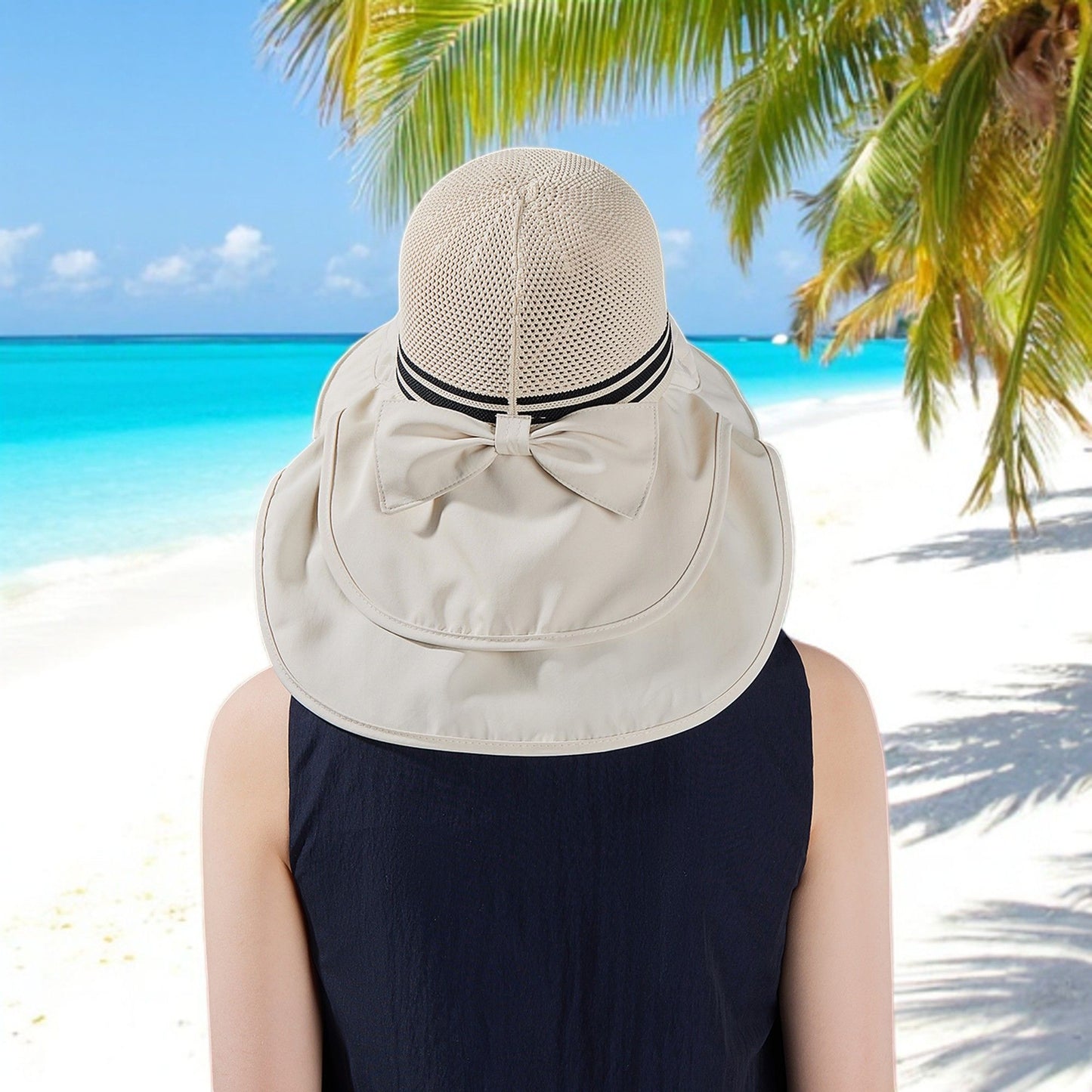Wide Brim Mesh Sun Hat with Back Bow UV Protection Foldable Travel Hat for Women Outdoor Summer Style