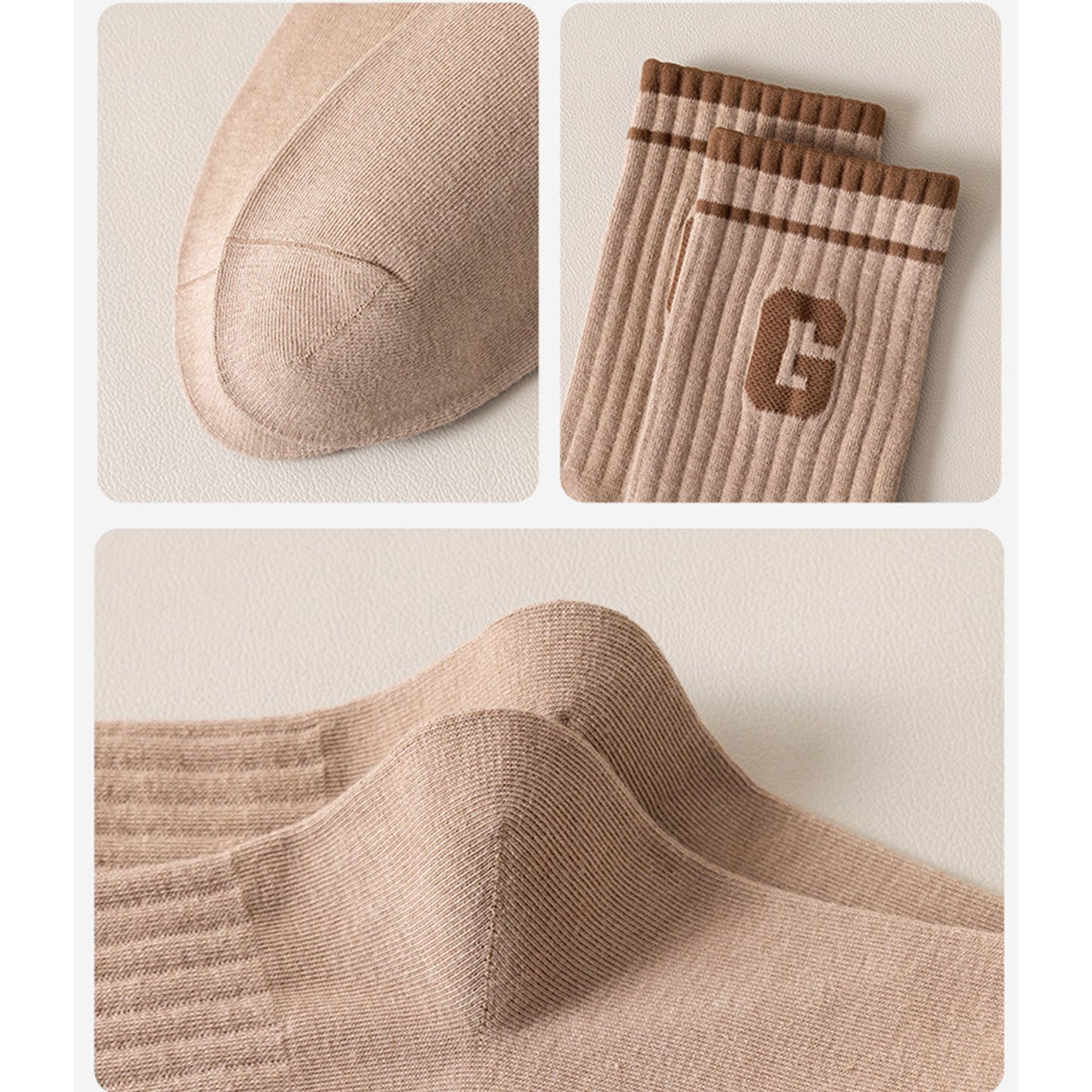 4-Pair Pack Ribbed Cotton Crew Socks with Striped Cuffs and G Letter Detail in Neutral Athletic Color Combinations