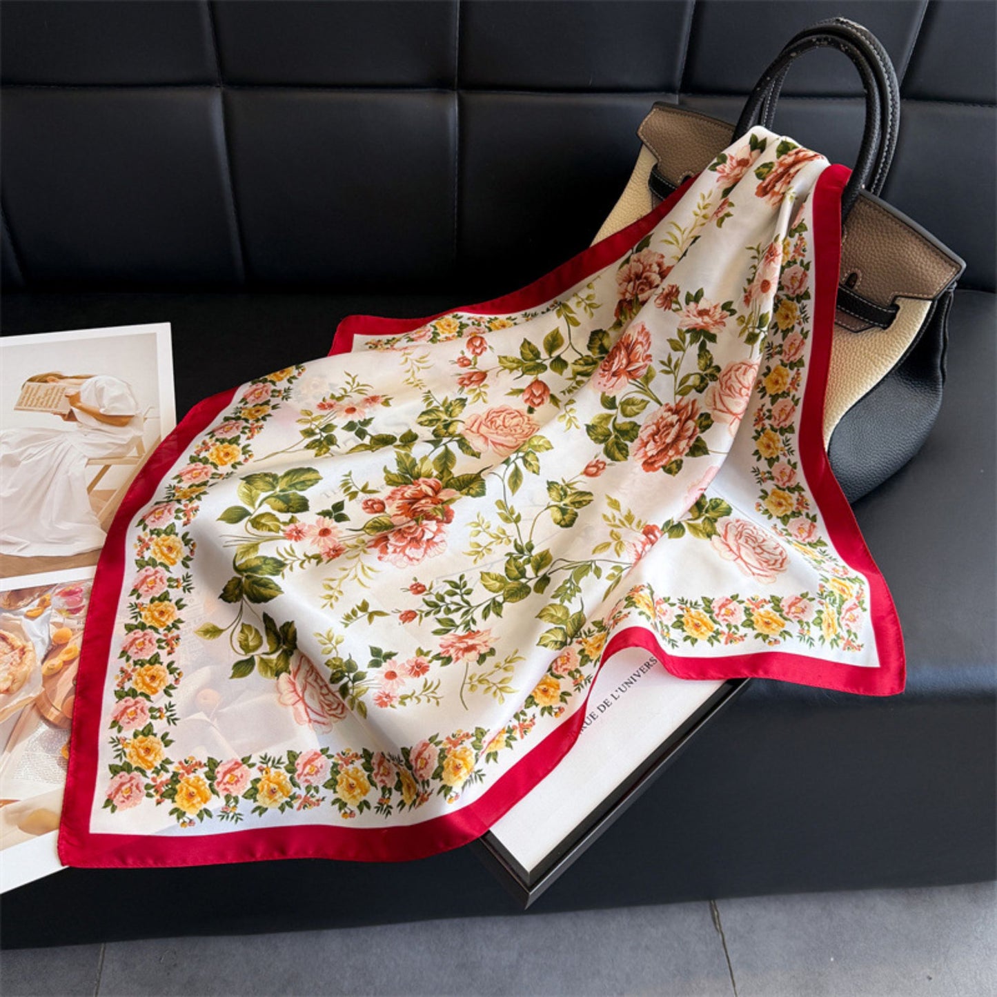 Vintage Floral Print Satin Feel Square Scarf Elegant Lightweight Fashion Neck Hair Scarf 27.5¡Á27.5 Inches