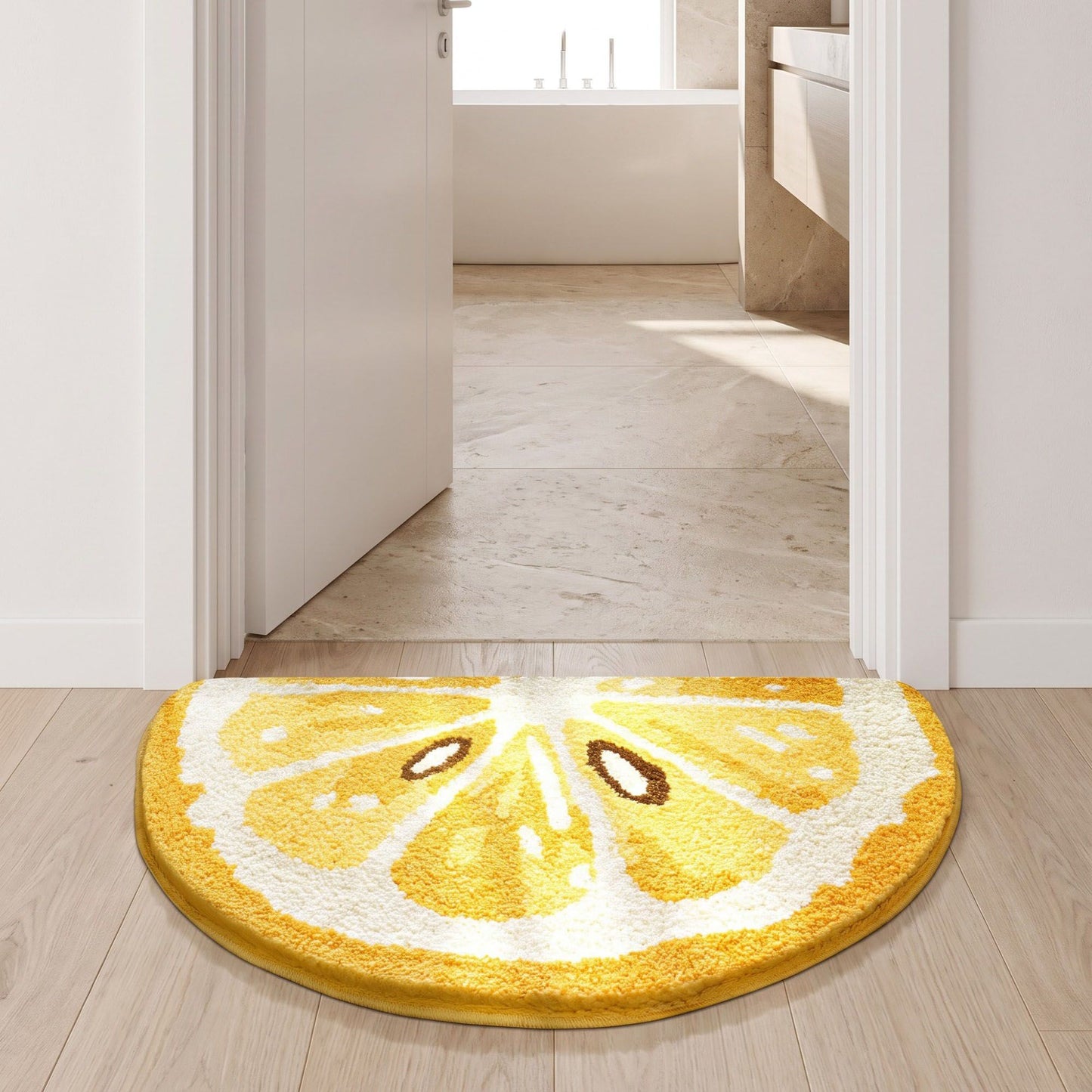 Kiwi Fruit Slice Plush Semicircle Bathroom Mat with Green Tufted Design
