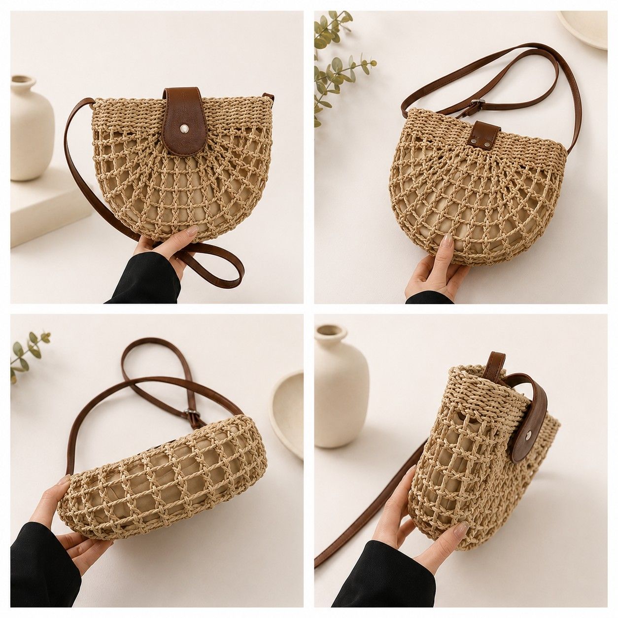 Woven Straw Crescent Crossbody Handbag with Adjustable Shoulder Strap
