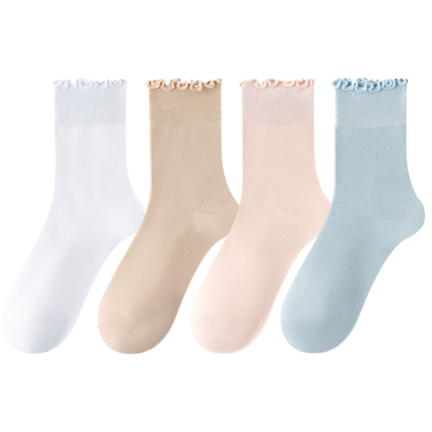 4 Pairs Women's Ruffle Edge Crew Socks Soft Stretch Cotton Blend with High Elastic Cuffs in Assorted Solid Colors