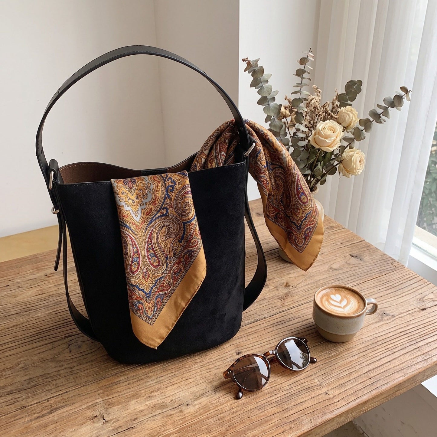 Suede Look Bucket Shoulder Bag with Adjustable Wide Strap
