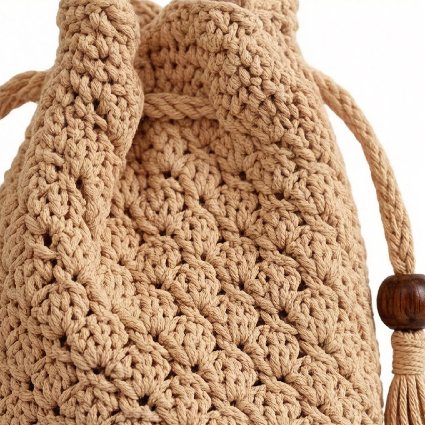 Crochet Bucket Bag with Drawstring Closure Tassel Detail Long Strap Knit Crossbody Handbag