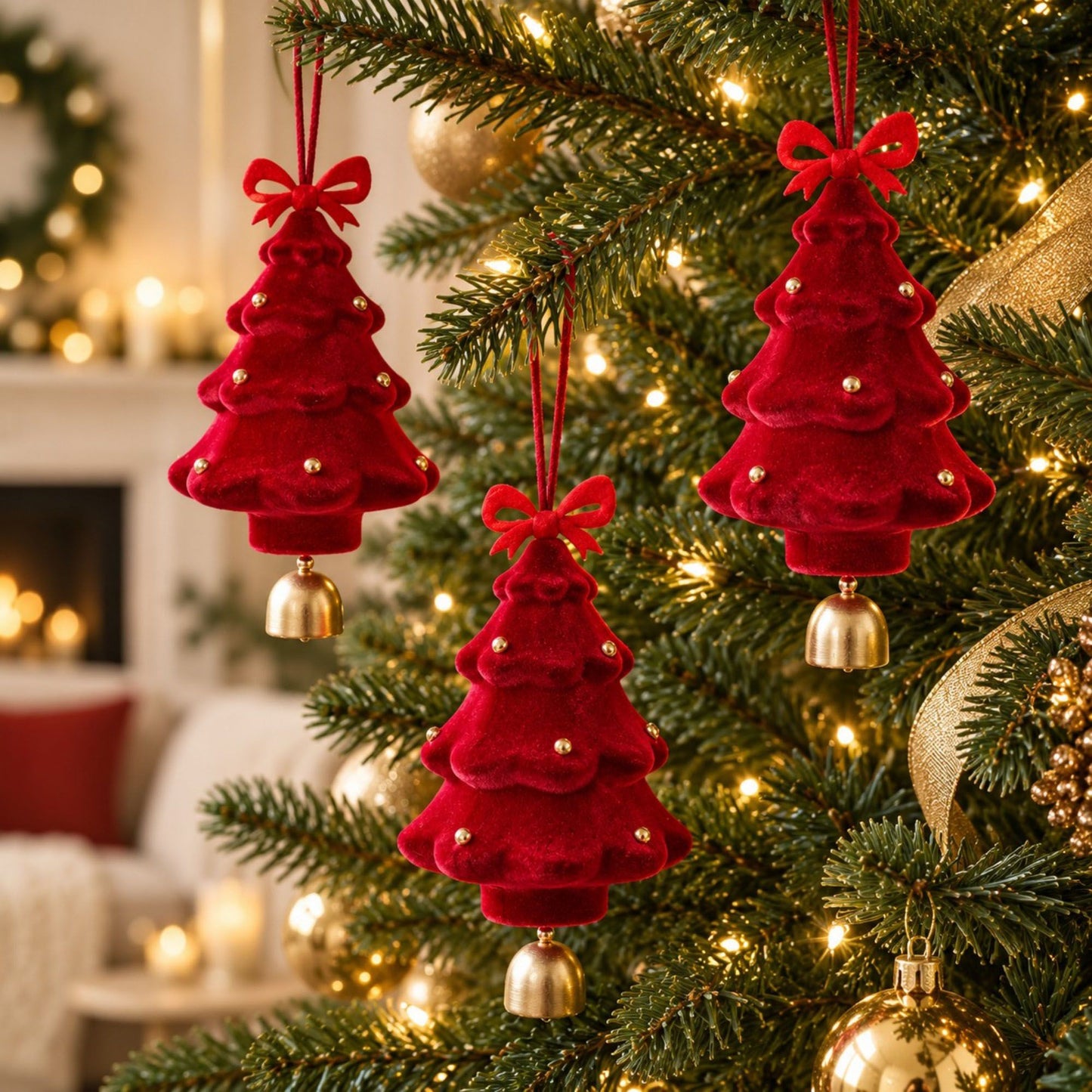 3 Pack Christmas Tree Ornaments with Bow and Bell Hanging Holiday Decorations